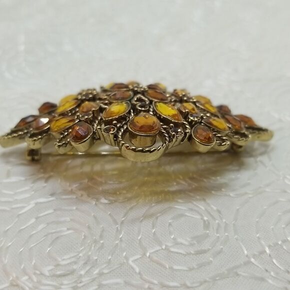 Monet Brooch Pin Crystal Brown  Gold Teardrop Round Oval Twisted Gold Brooch Pin - Picture 5 of 9